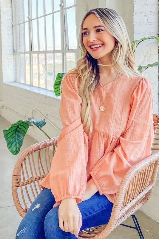 Textured V - Neck Flowy Ruffle Blouse for Office or Casual - AMVIM