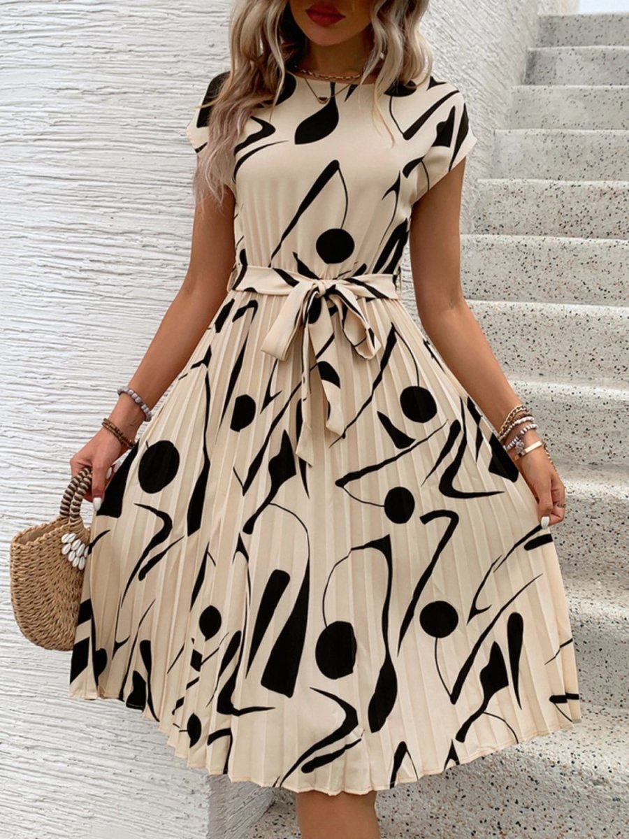 Tied Pleated Printed Cap Sleeve Dress - AMVIM