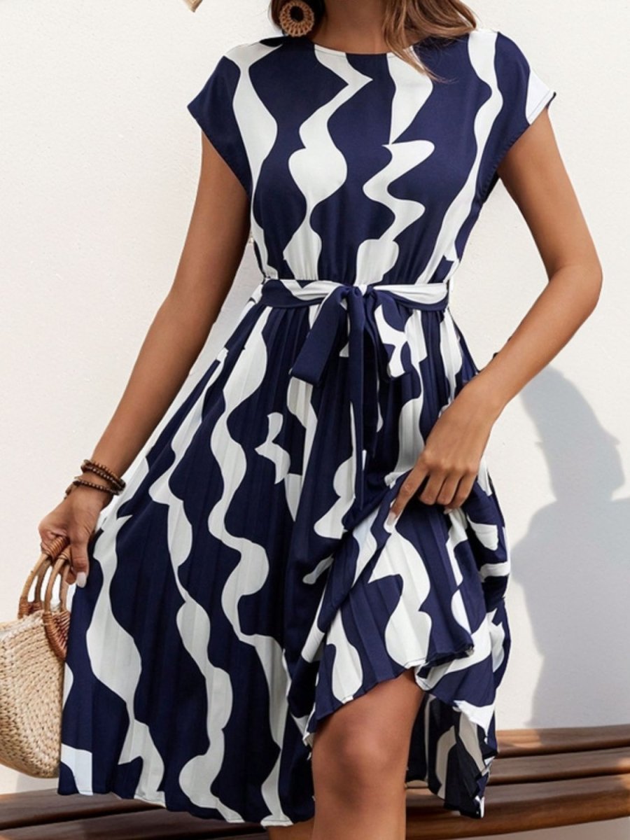Tied Pleated Printed Cap Sleeve Dress - AMVIM