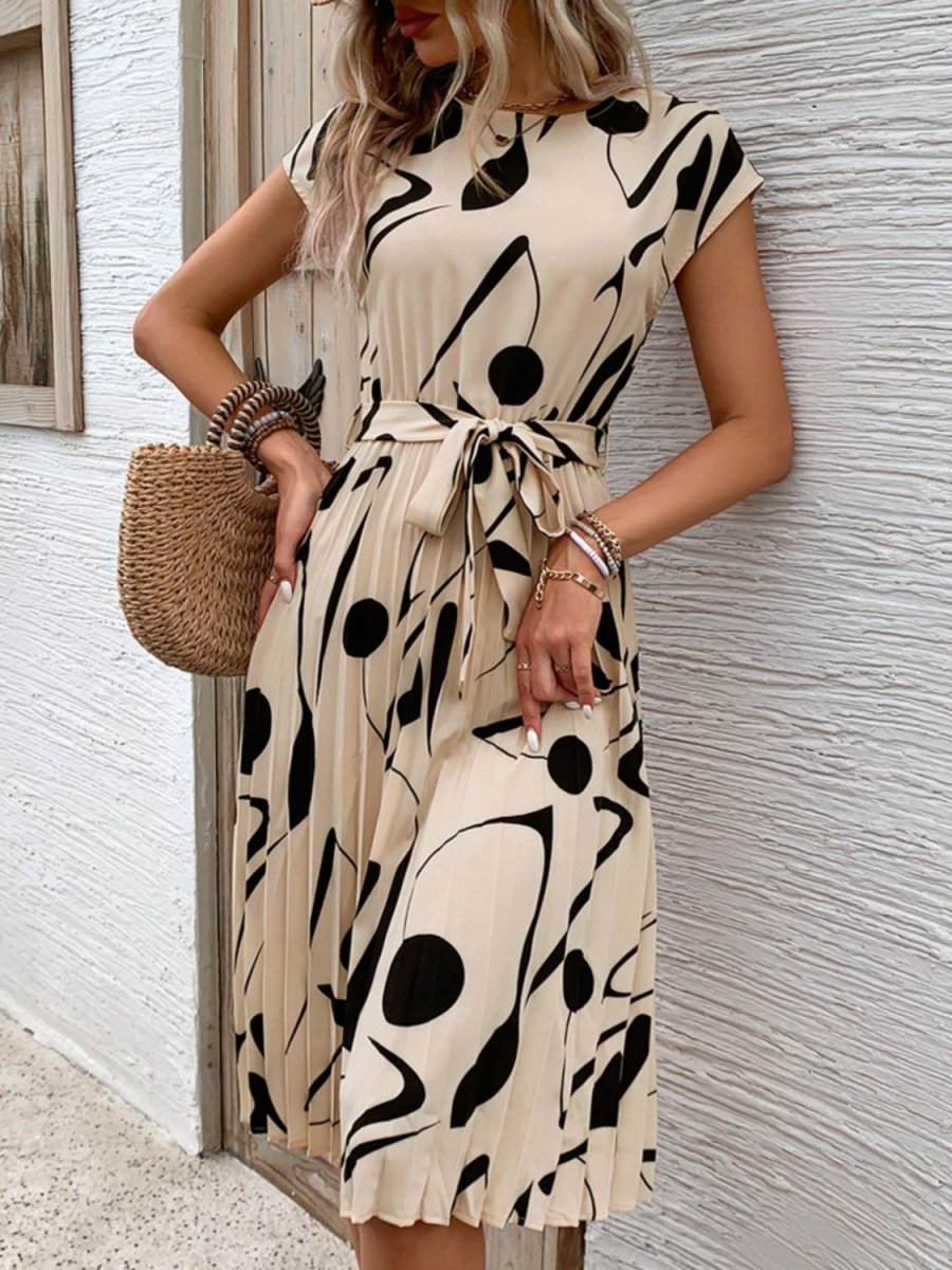 Tied Pleated Printed Cap Sleeve Dress - AMVIM