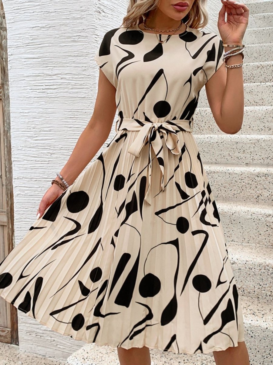 Tied Pleated Printed Cap Sleeve Dress - AMVIM