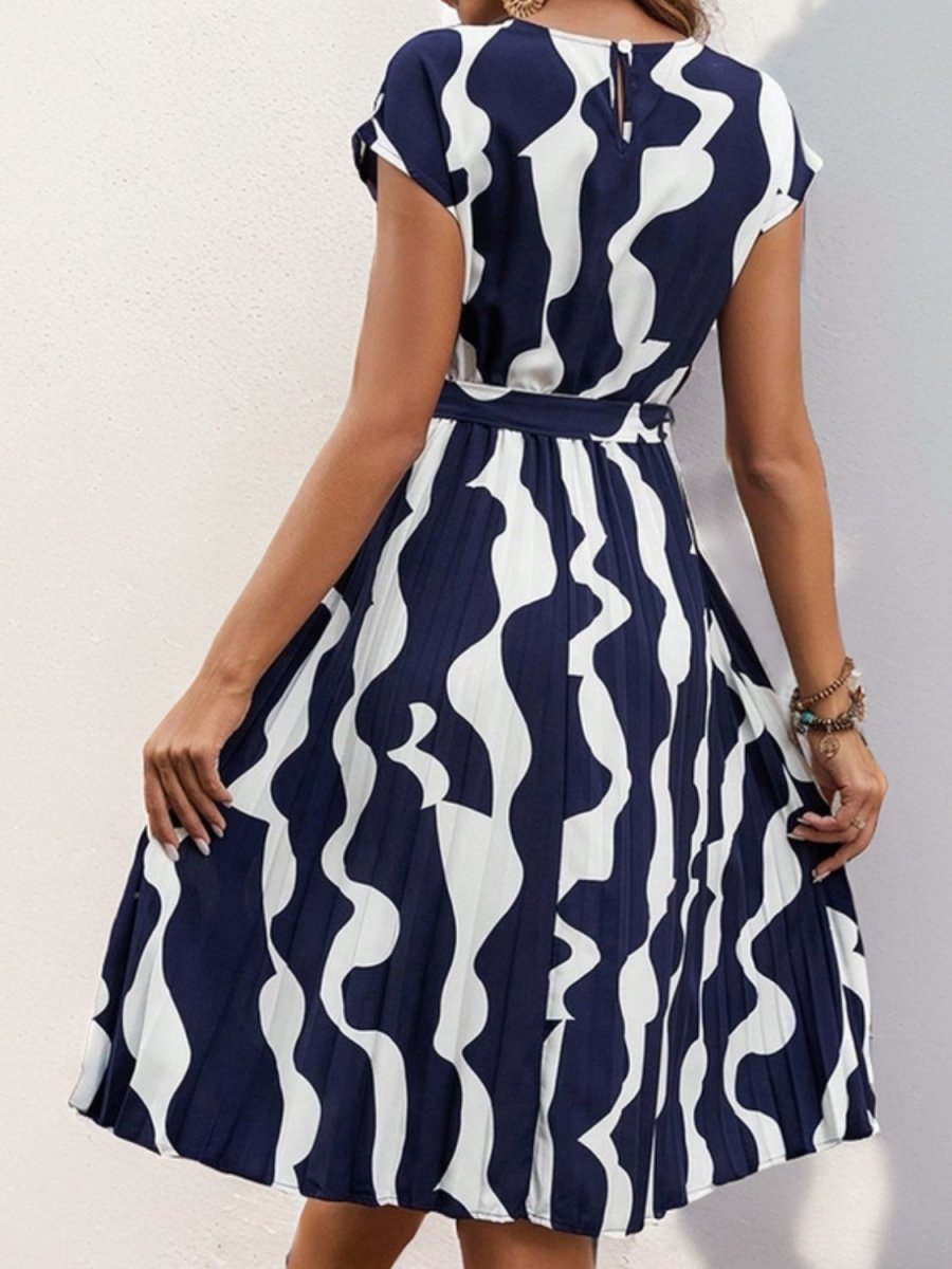 Tied Pleated Printed Cap Sleeve Dress - AMVIM