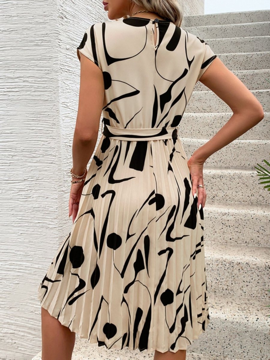 Tied Pleated Printed Cap Sleeve Dress - AMVIM