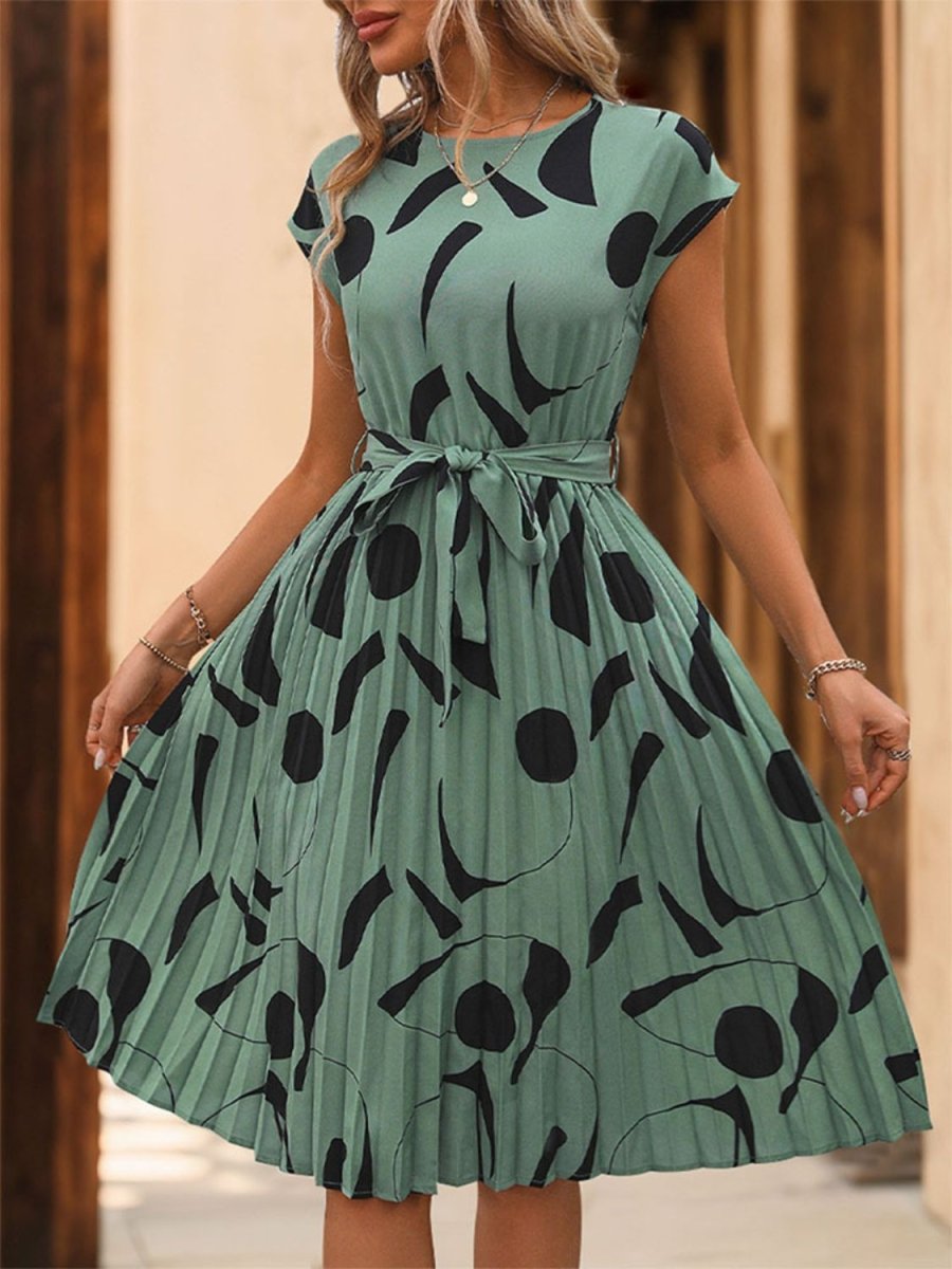 Tied Pleated Printed Cap Sleeve Dress - AMVIM