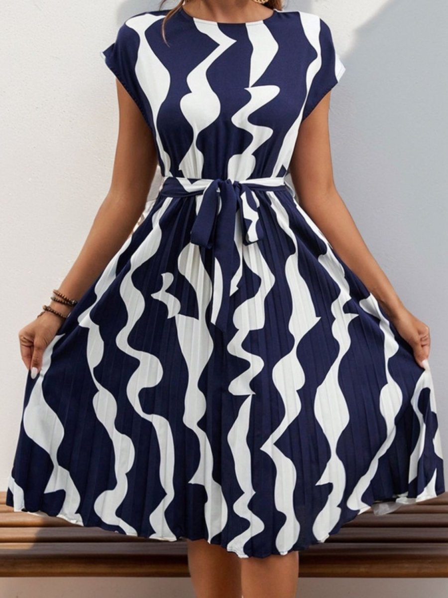 Tied Pleated Printed Cap Sleeve Dress - AMVIM