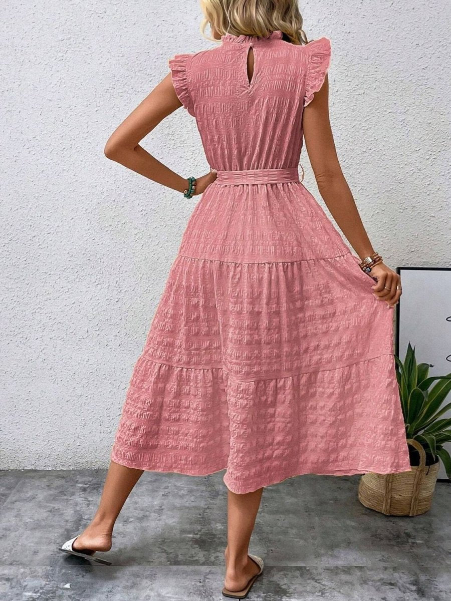 Tied Ruffled Cap Sleeve Midi Dress - AMVIM