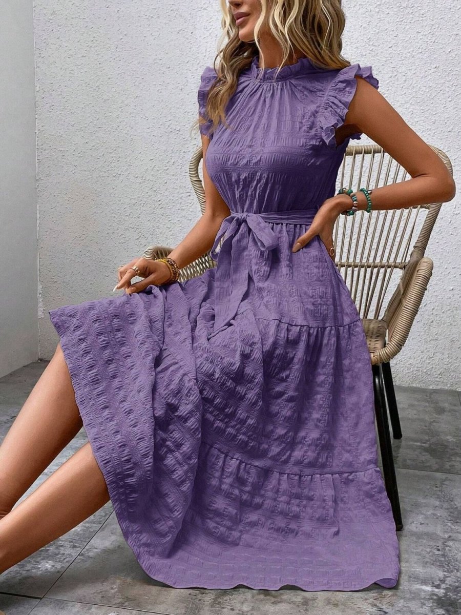 Tied Ruffled Cap Sleeve Midi Dress - AMVIM