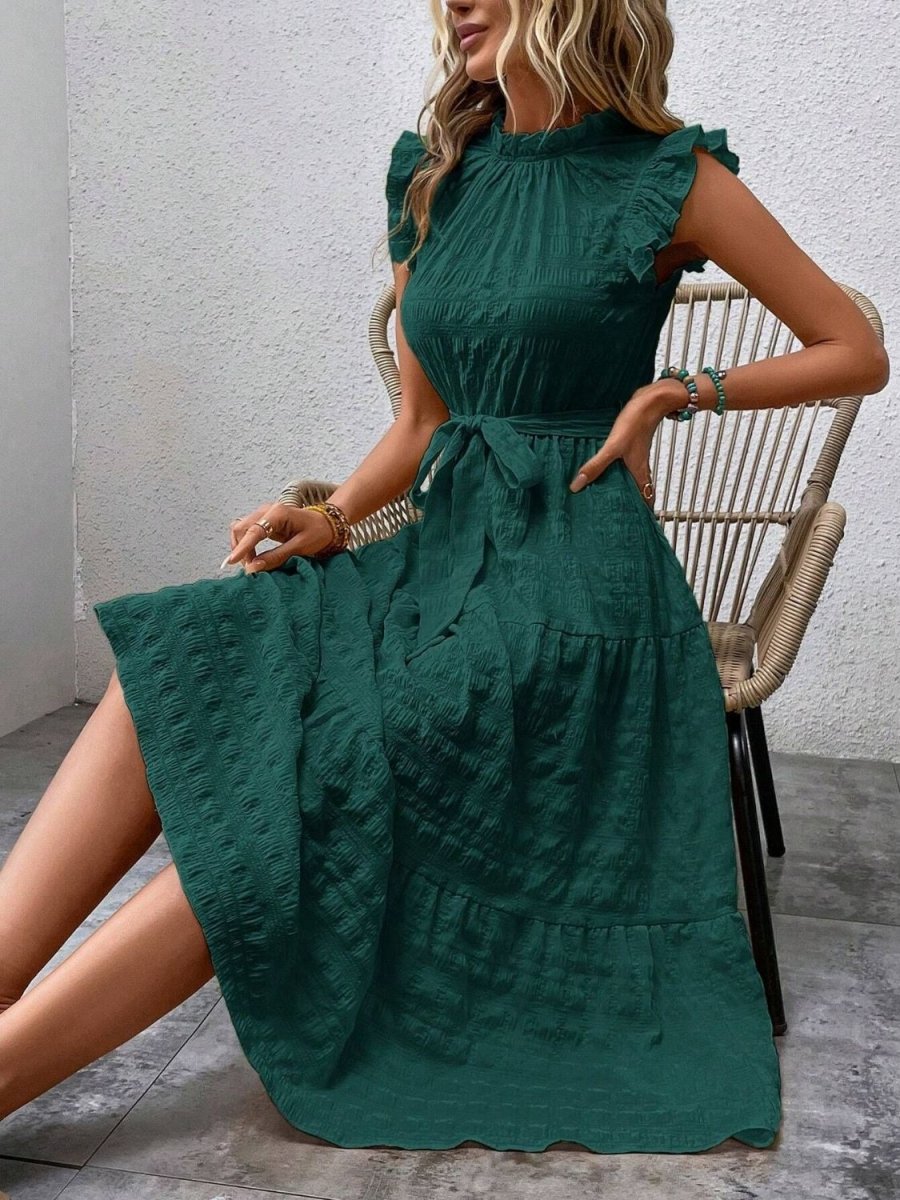 Tied Ruffled Cap Sleeve Midi Dress - AMVIM