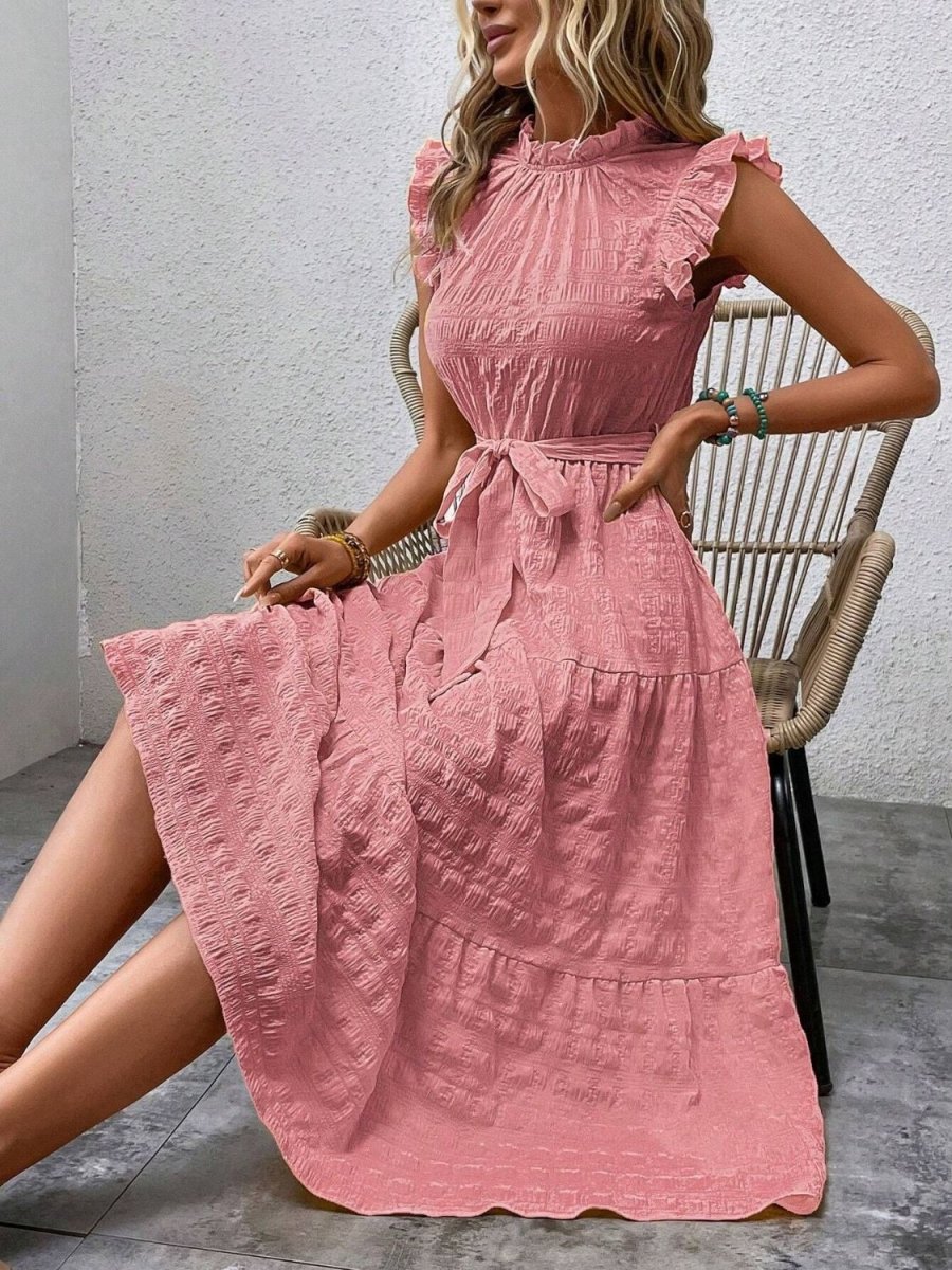 Tied Ruffled Cap Sleeve Midi Dress - AMVIM