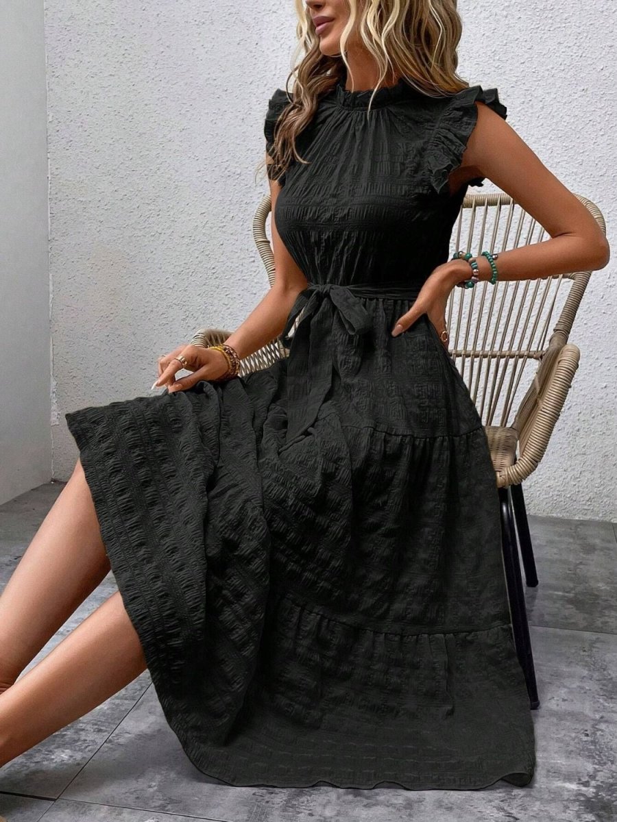 Tied Ruffled Cap Sleeve Midi Dress - AMVIM