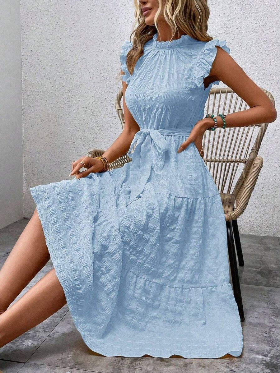Tied Ruffled Cap Sleeve Midi Dress - AMVIM