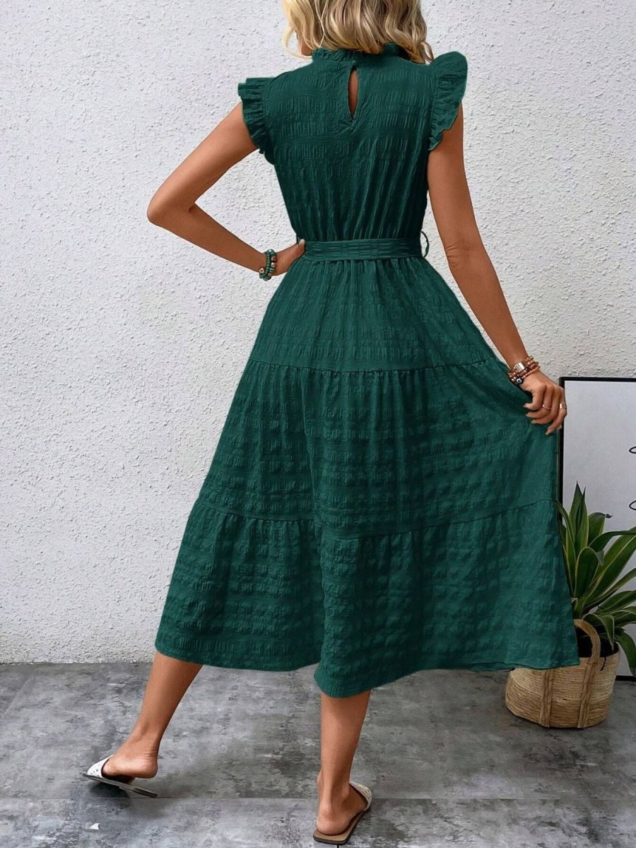 Tied Ruffled Cap Sleeve Midi Dress - AMVIM