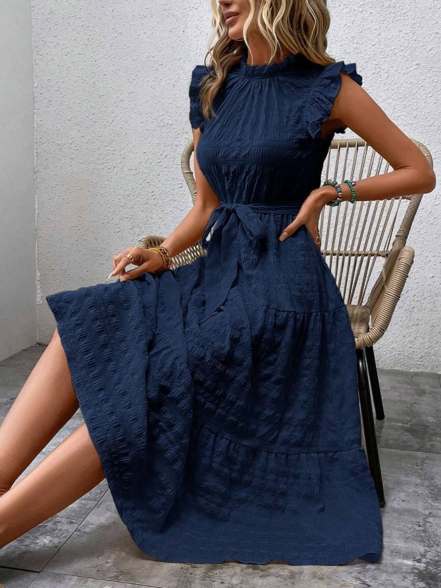 Tied Ruffled Cap Sleeve Midi Dress - AMVIM