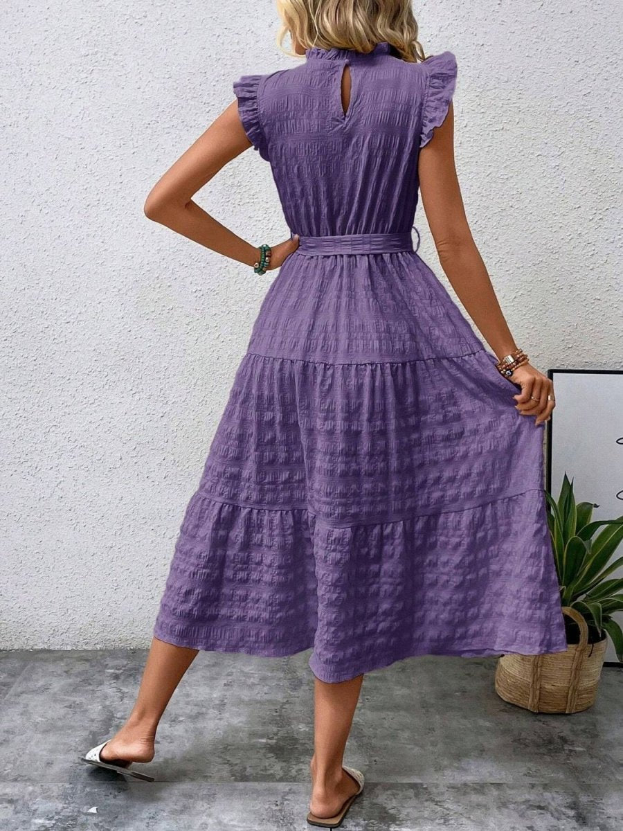 Tied Ruffled Cap Sleeve Midi Dress - AMVIM