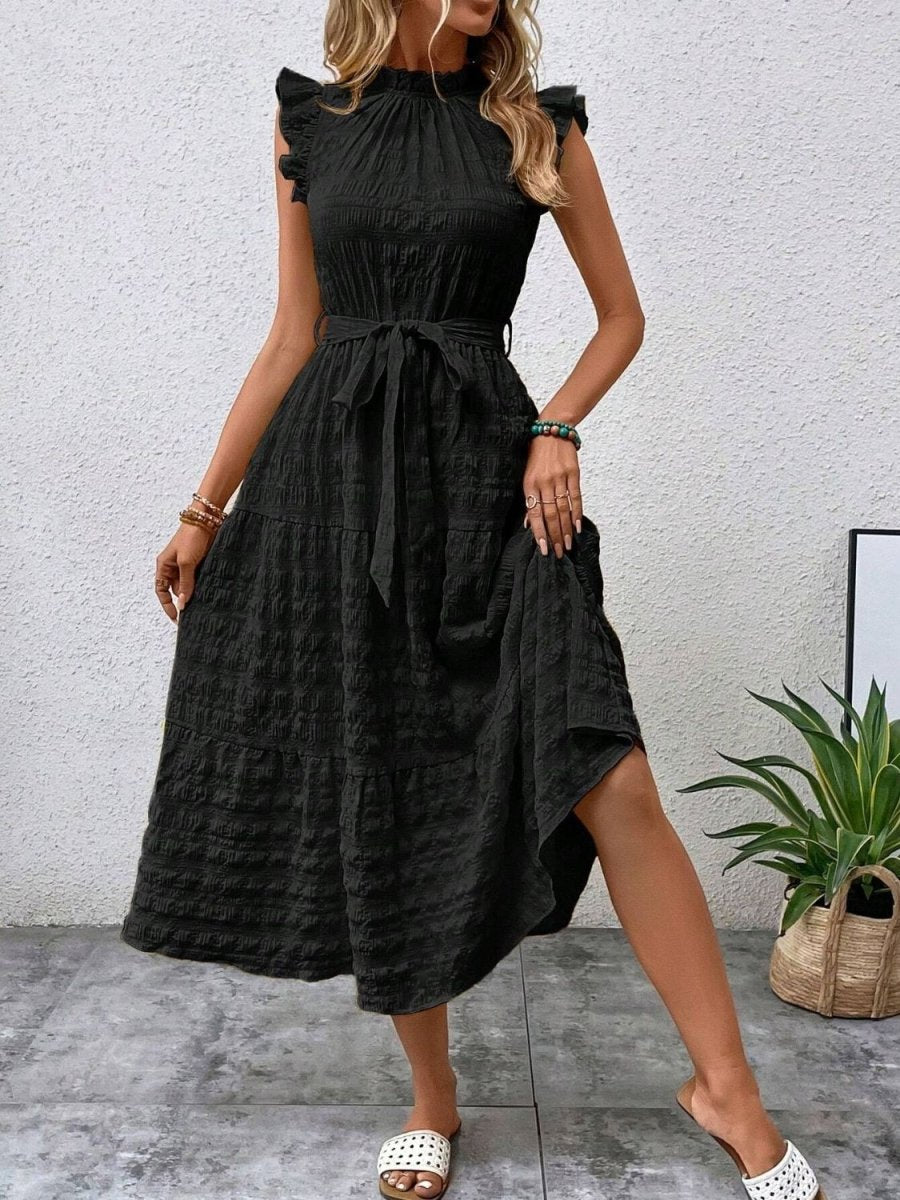 Tied Ruffled Cap Sleeve Midi Dress - AMVIM