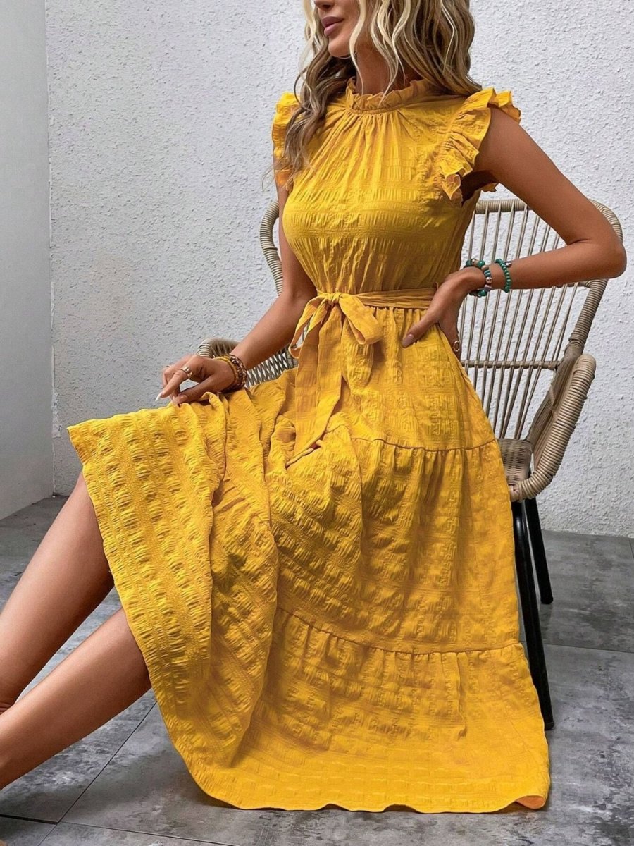 Tied Ruffled Cap Sleeve Midi Dress - AMVIM