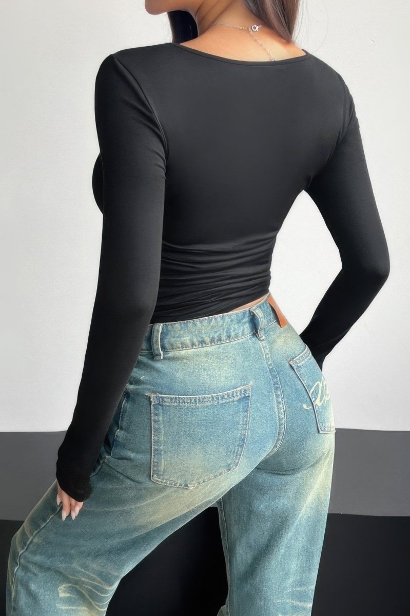 Top Black Polyester‑Elastane Slim Square‑Neck Top - AMVIM