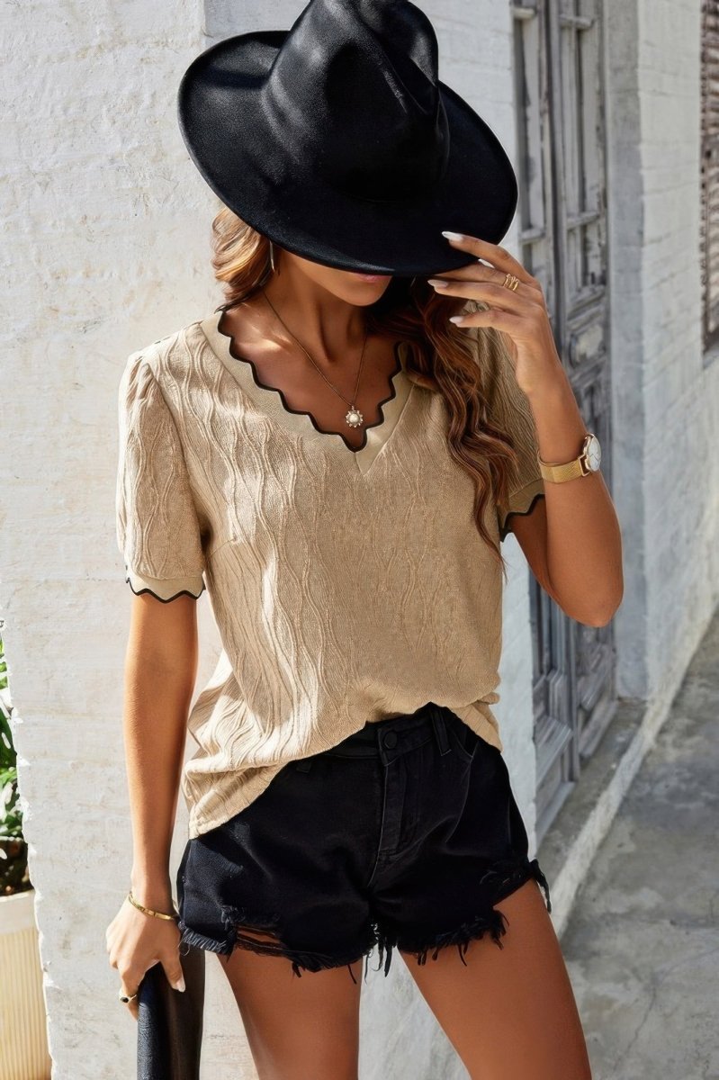 Top knit drop shoulder V neck lightweight casual pullover - AMVIM