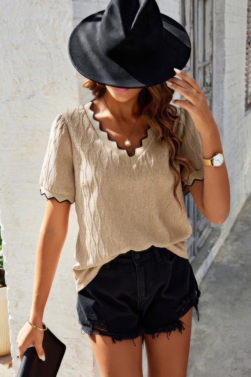Top knit drop shoulder V neck lightweight casual pullover - AMVIM