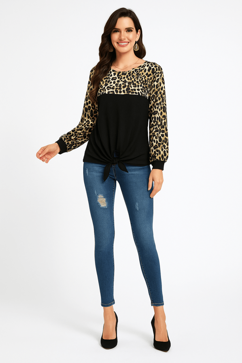 Top Leopard Stitching Knit Loose Pullover With Bow - AMVIM