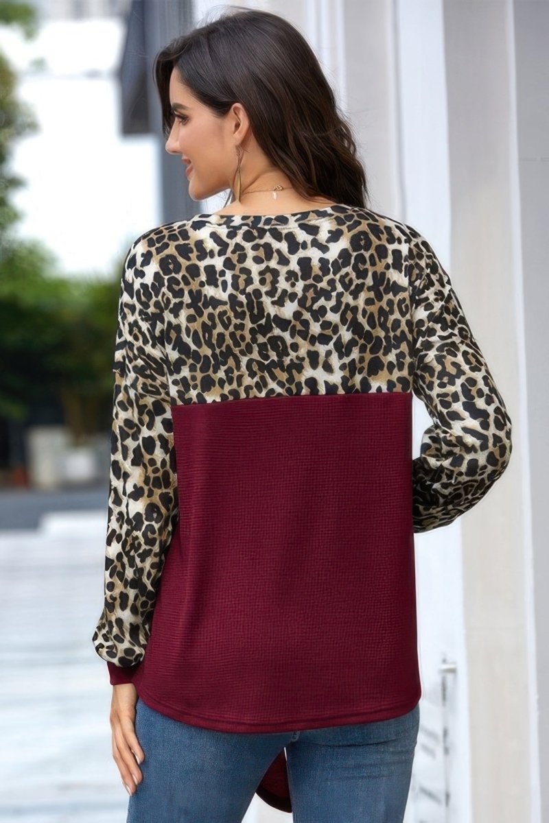 Top Leopard Stitching Knit Loose Pullover With Bow - AMVIM