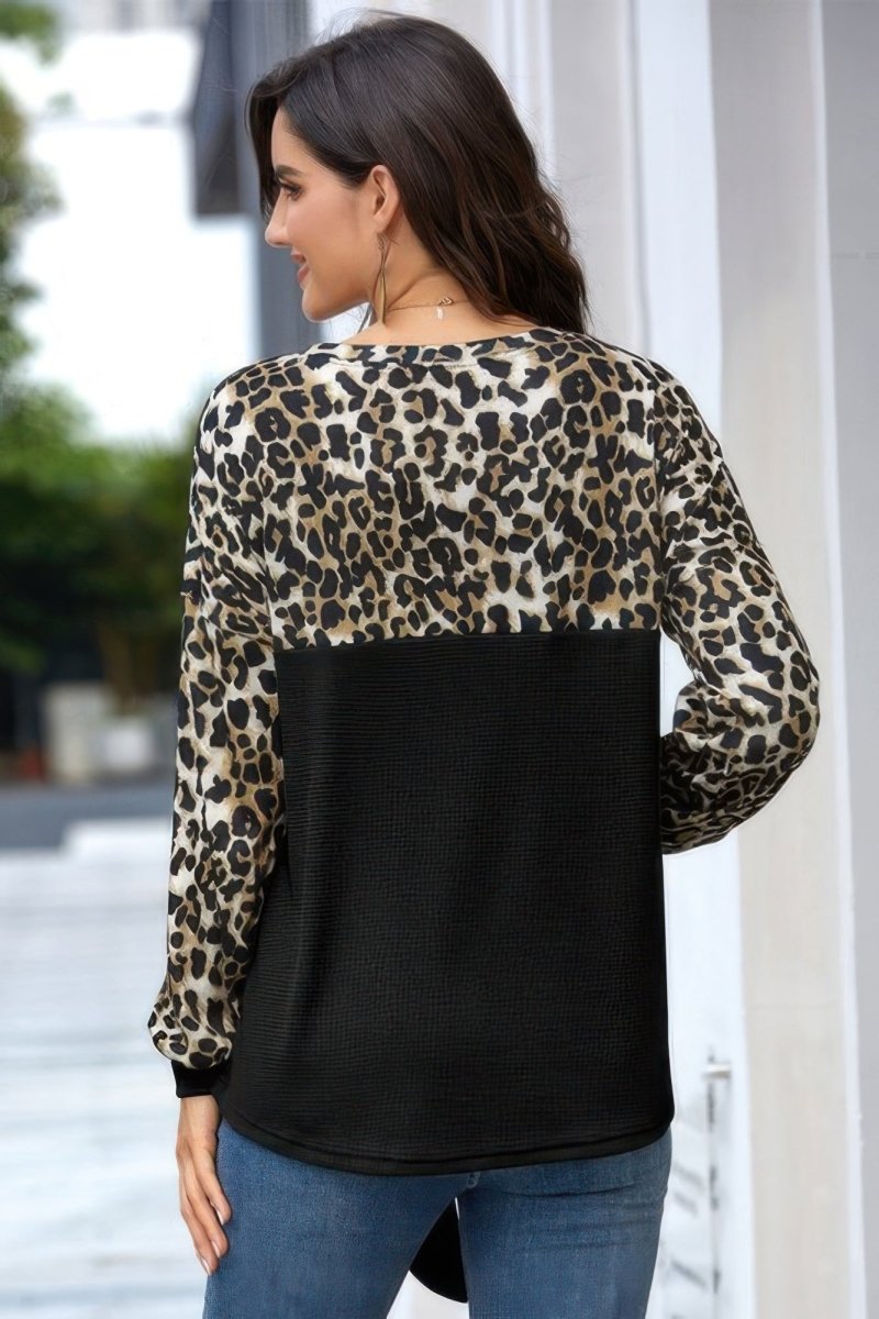 Top Leopard Stitching Knit Loose Pullover With Bow - AMVIM