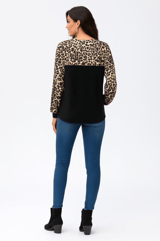 Top Leopard Stitching Knit Loose Pullover With Bow - AMVIM