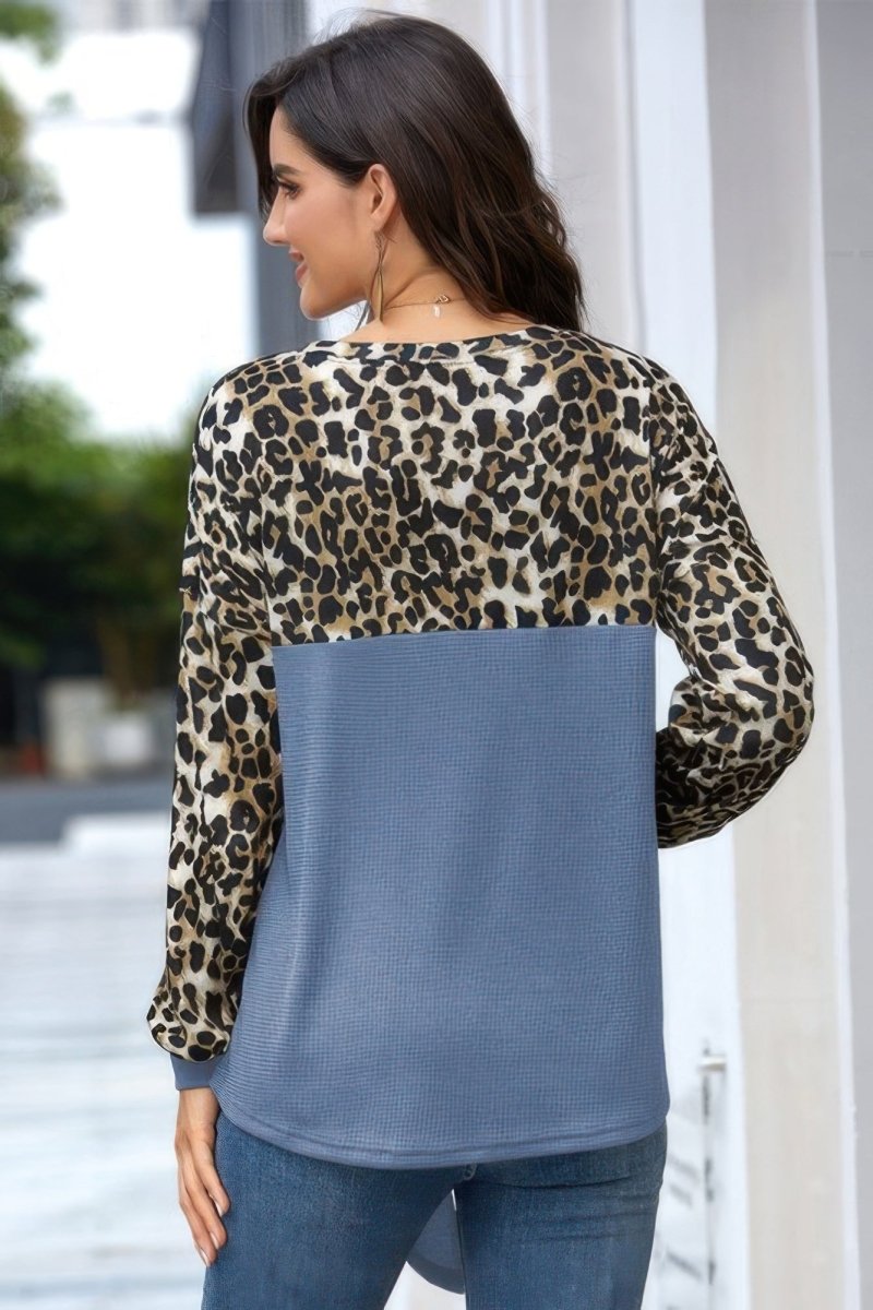 Top Leopard Stitching Knit Loose Pullover With Bow - AMVIM