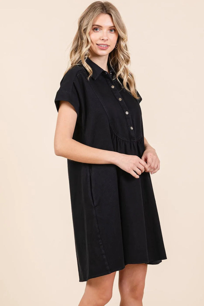 Twill Short Sleeve Collared Mini Dress – Cotton Structure Fit - AMVIM