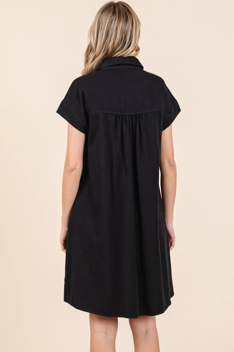 Twill Short Sleeve Collared Mini Dress – Cotton Structure Fit - AMVIM
