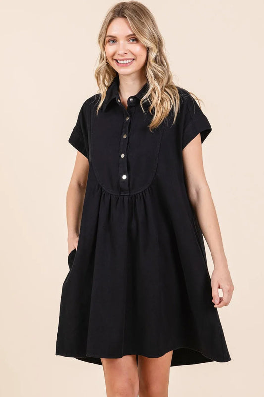 Twill Short Sleeve Collared Mini Dress – Cotton Structure Fit - AMVIM
