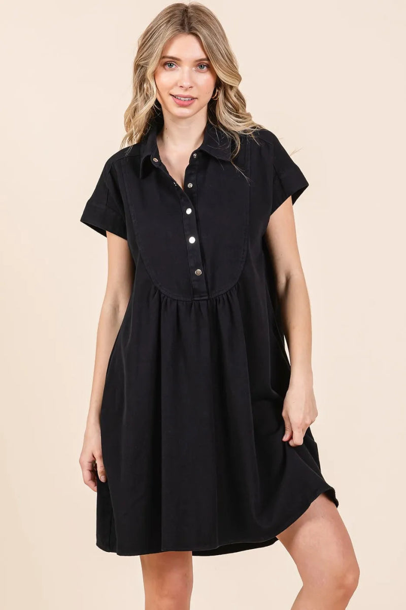 Twill Short Sleeve Collared Mini Dress – Cotton Structure Fit - AMVIM