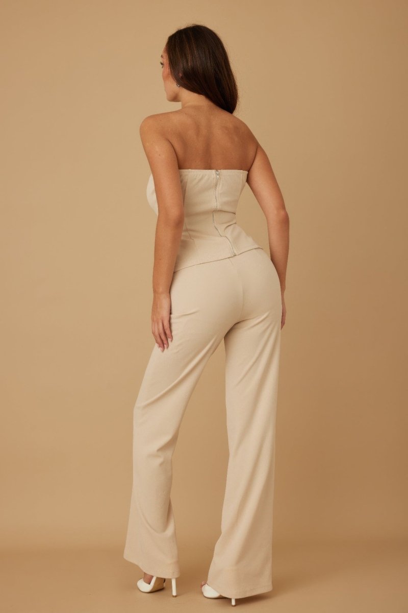 Two - Piece Beige Crystal Embellished Tailored Set - AMVIM