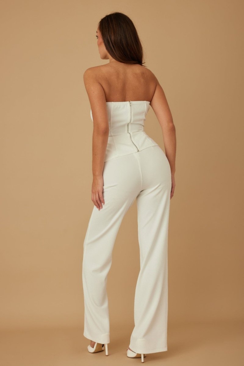 Two - Piece Beige Crystal Embellished Tailored Set - AMVIM