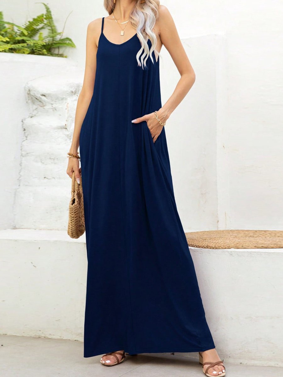 V - Neck Maxi Cami Dress with Pockets - AMVIM