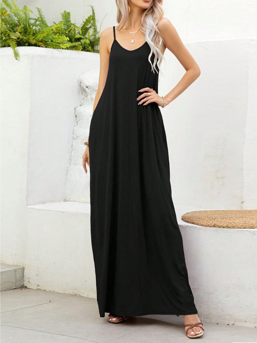V - Neck Maxi Cami Dress with Pockets - AMVIM