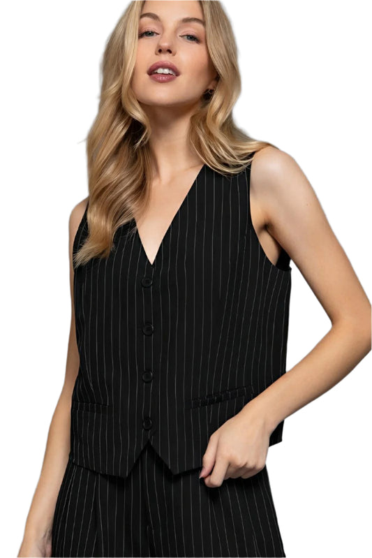 V - neckline Pin Stripe Woven Vest - AMVIM