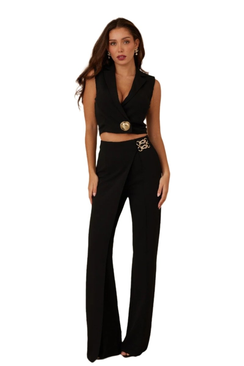 Vest Suit Set Black Tailored Crepe for Fall Work Events - AMVIM