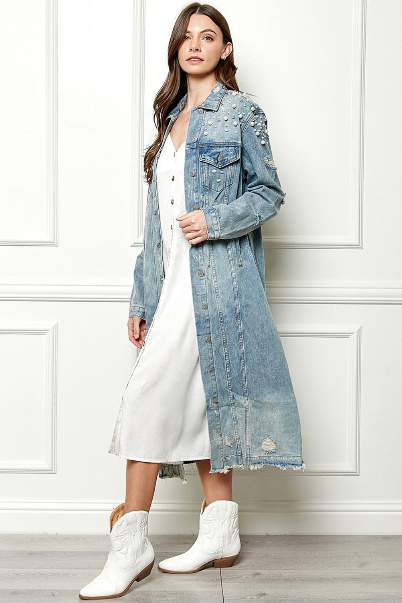 Veveret Full Size Distressed Raw Hem Pearl Detail Button Up Jacket - AMVIM