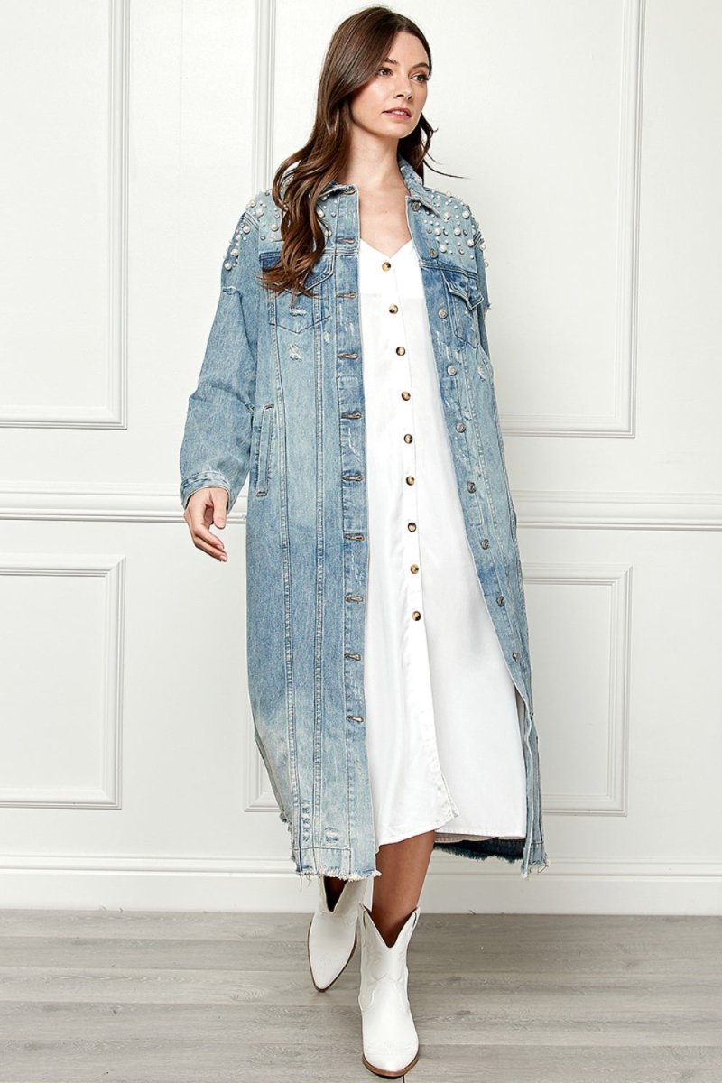 Veveret Full Size Distressed Raw Hem Pearl Detail Button Up Jacket - AMVIM