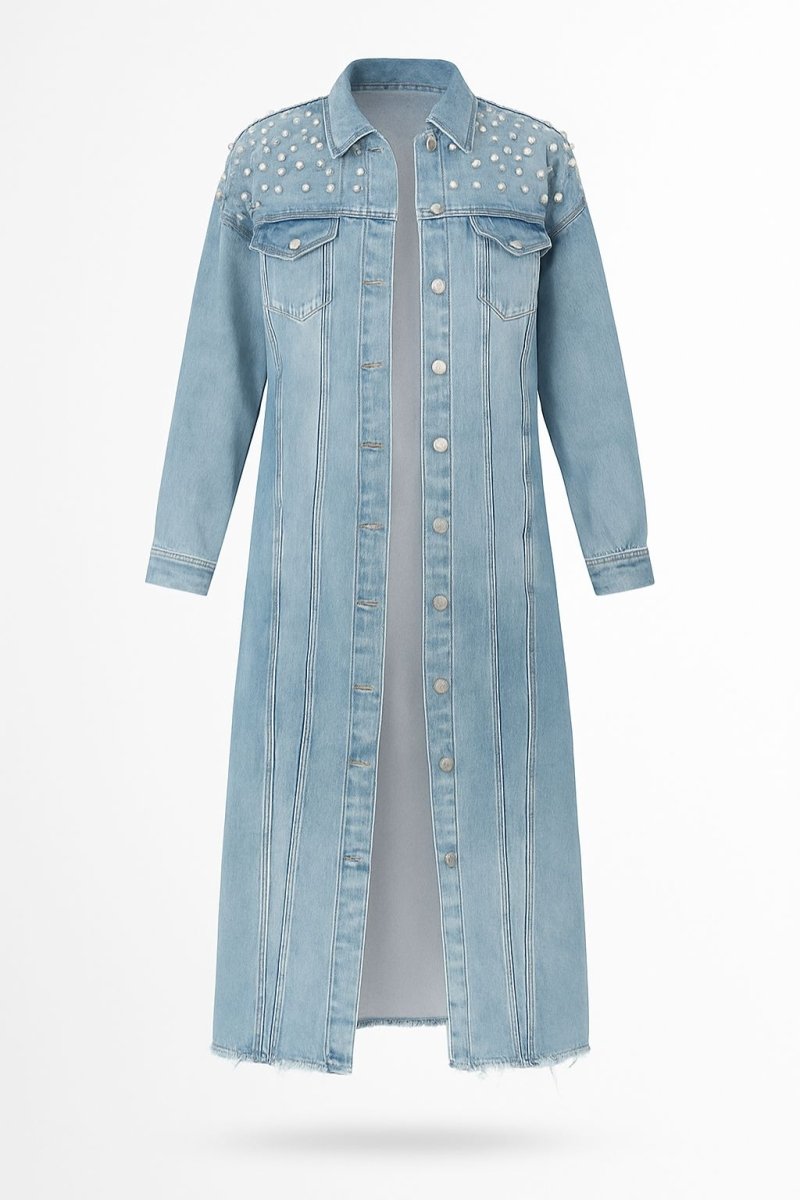 Veveret Full Size Distressed Raw Hem Pearl Detail Button Up Jacket - AMVIM