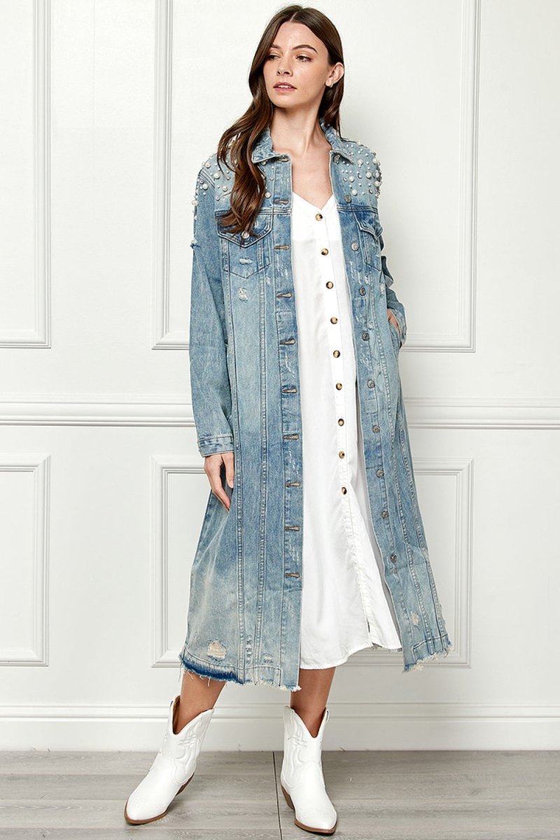 Veveret Full Size Distressed Raw Hem Pearl Detail Button Up Jacket - AMVIM