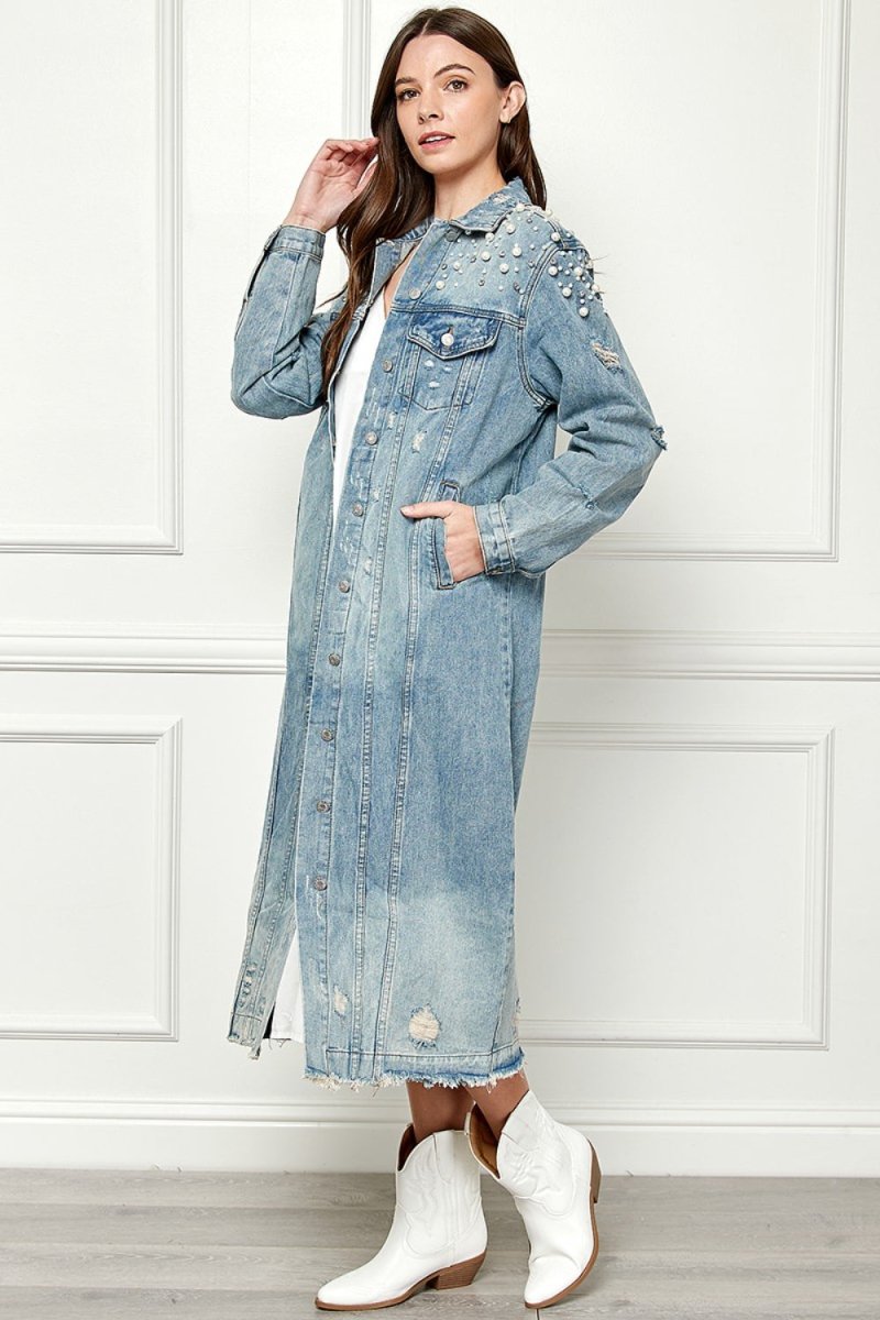 Veveret Full Size Distressed Raw Hem Pearl Detail Button Up Jacket - AMVIM