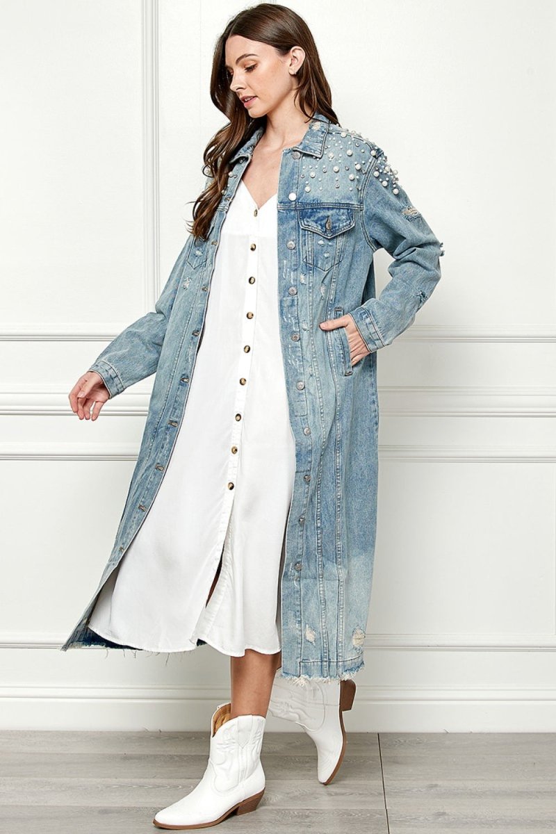 Veveret Full Size Distressed Raw Hem Pearl Detail Button Up Jacket - AMVIM