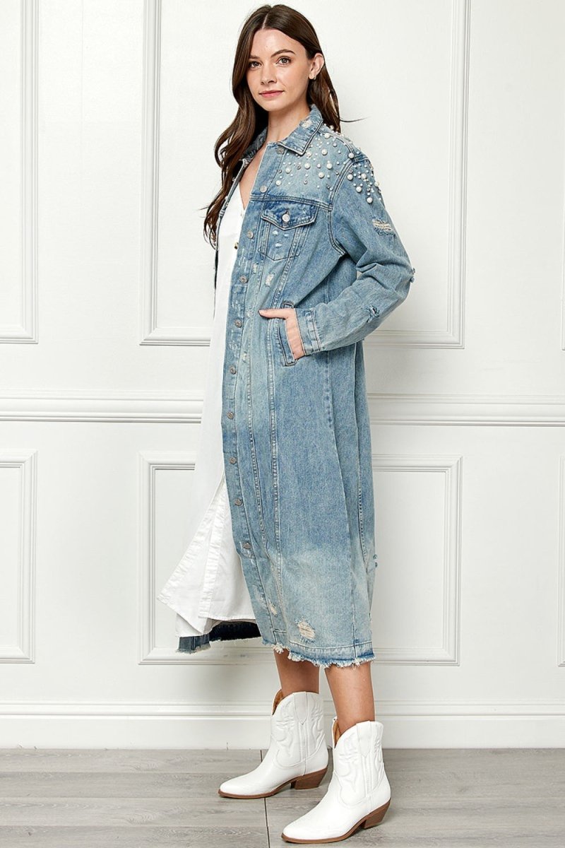 Veveret Full Size Distressed Raw Hem Pearl Detail Button Up Jacket - AMVIM