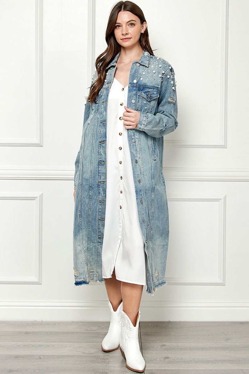 Veveret Full Size Distressed Raw Hem Pearl Detail Button Up Jacket - AMVIM