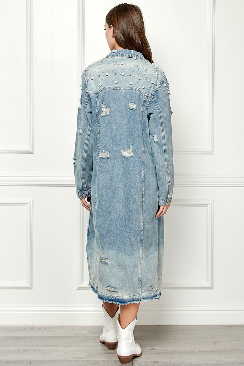 Veveret Full Size Distressed Raw Hem Pearl Detail Button Up Jacket - AMVIM