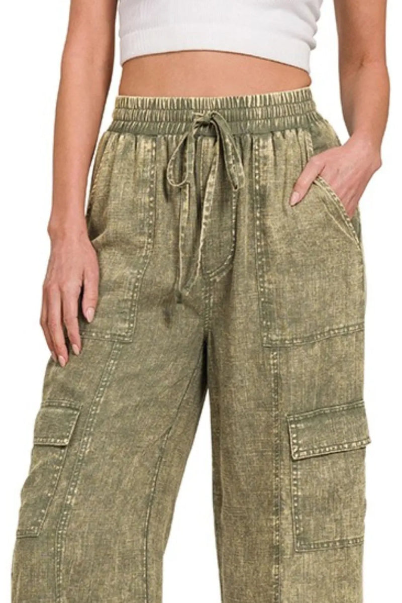 Washed Linen Elastic Waist Cargo Pants for Casual Outfits - AMVIM