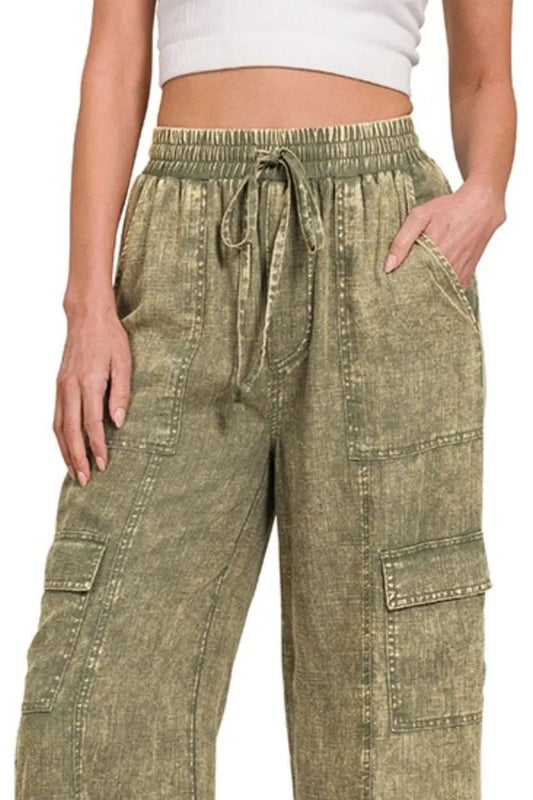 Washed Linen Elastic Waist Cargo Pants for Casual Outfits - AMVIM