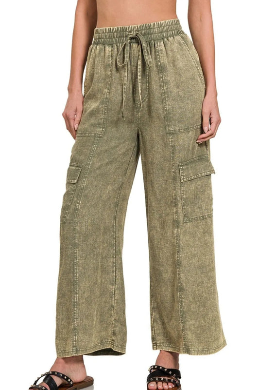 Washed Linen Elastic Waist Cargo Pants for Casual Outfits - AMVIM